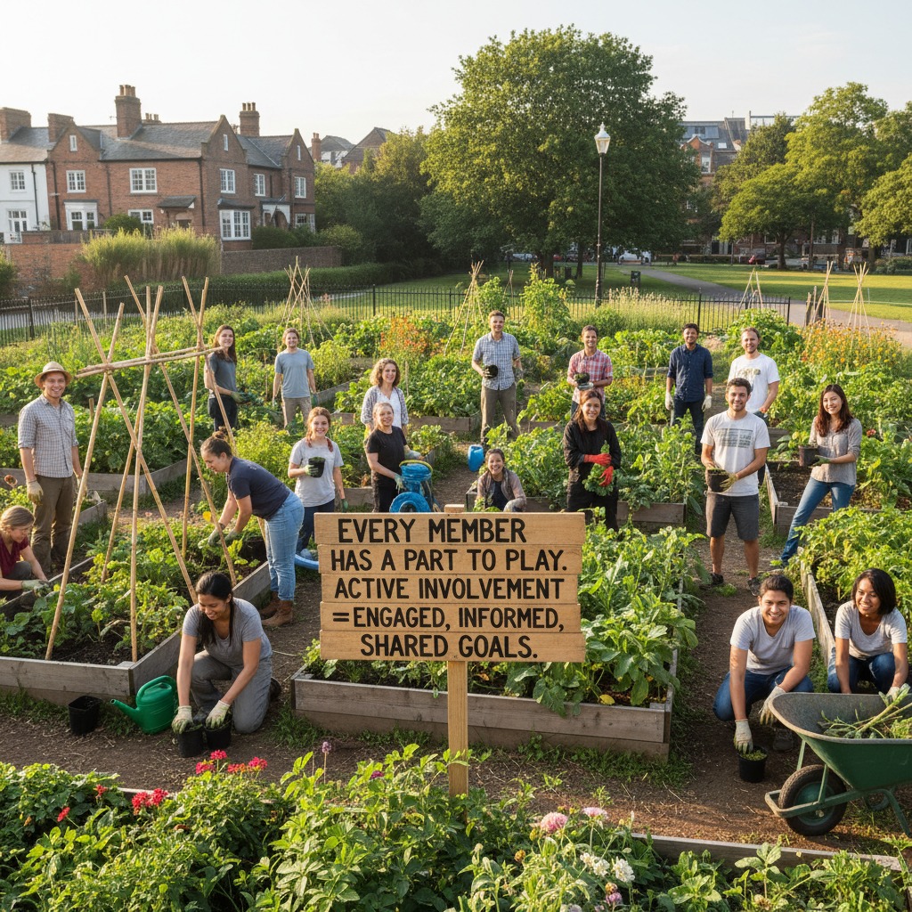 A diverse group of volunteers poses in a community garden next to a wooden sign that reads, "Every member has a part to play. Active involvement = engaged, informed, shared goals."