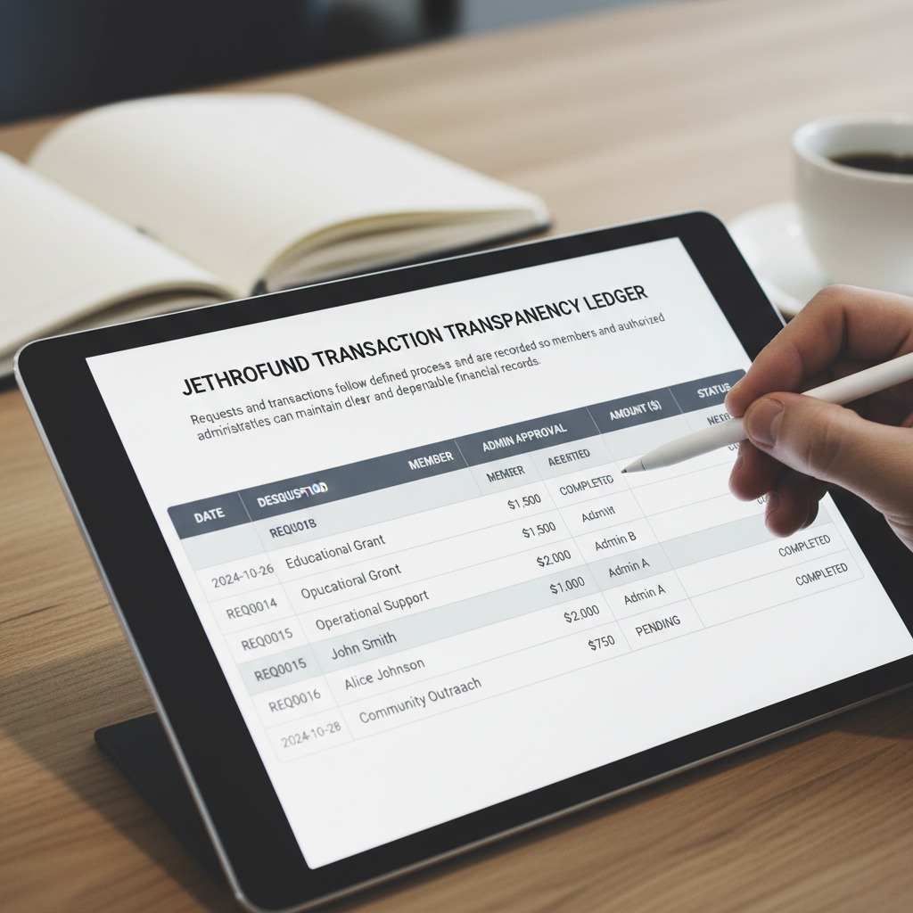 A hand holds a stylus over a tablet displaying a financial transaction ledger on a wooden desk.
