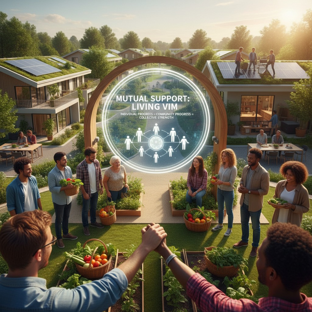 A diverse group of people gather in a modern eco-community with solar panels, surrounding a glowing graphic that reads "MUTUAL SUPPORT: LIVING VIM."