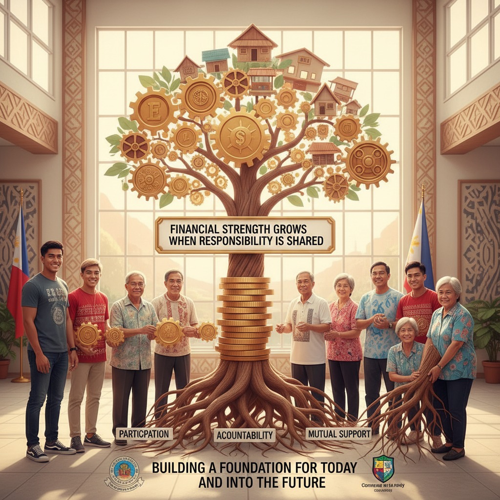 A diverse group of people stand in a large room in front of a large tree made of coins, gears, and houses, with a sign that reads, "Financial strength grows when responsibility is shared."