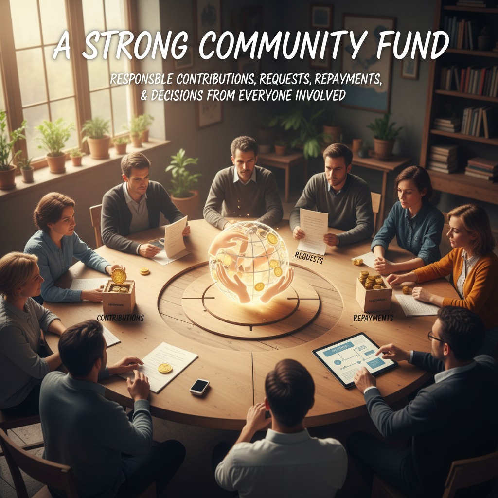 A diverse group of people sits around a large round wooden table, gathered around a glowing holographic globe with hands supporting it, while text at the top reads "A STRONG COMMUNITY FUND."